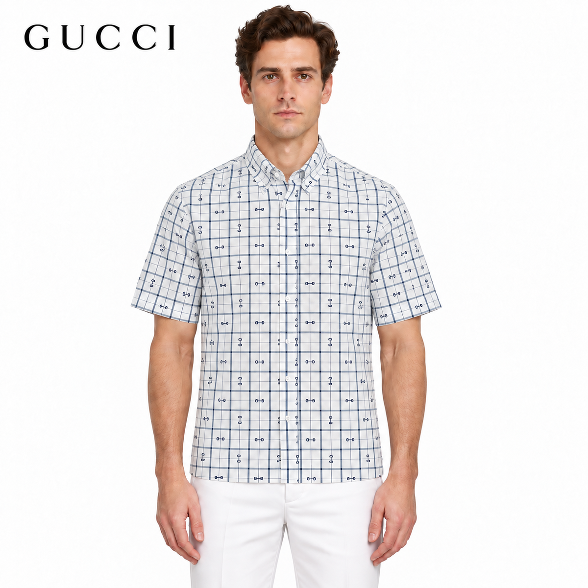 Gucci Horsebit Check Print Short-Sleeve Shirt in White