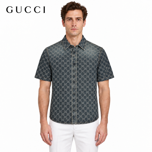 Gucci GG Monogram Washed Denim Short-Sleeve Shirt